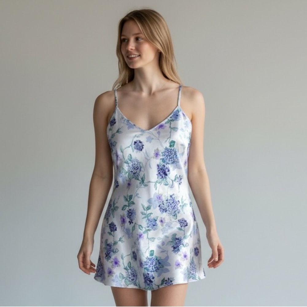 Oscar De La Renta Slip Dress Womens L White Blue‎ Floral Print Relaxed Nightgown